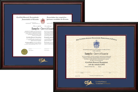 2X CGA ONTARIO FRAMES: Satin mahogany wood with Newport blue over maroon double mat board